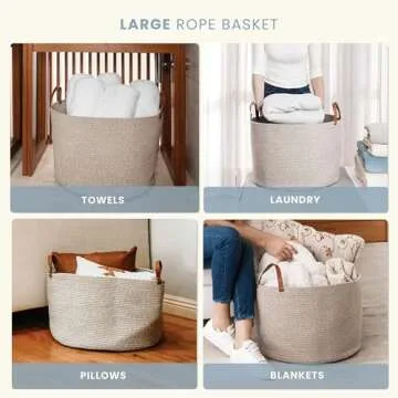 OrganiHaus Brown Large Woven Storage Basket with Leather Handles