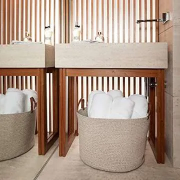 OrganiHaus Brown Large Woven Storage Basket with Leather Handles