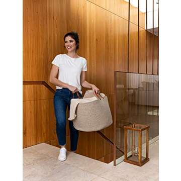 OrganiHaus Brown Large Woven Storage Basket with Leather Handles