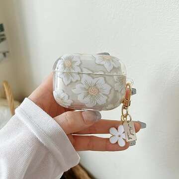 MINSCOSE Compatible with AirPods Pro 2 Clear Case,Cute Cartoon Flower Pattern Design with Floral Keychain,Soft TPU Protective Shockproof Case for Airpods Pro 2nd Generation for Girls Women-White