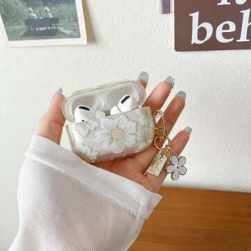 MINSCOSE Compatible with AirPods Pro 2 Clear Case,Cute Cartoon Flower Pattern Design with Floral Keychain,Soft TPU Protective Shockproof Case for Airpods Pro 2nd Generation for Girls Women-White