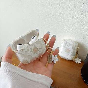 MINSCOSE Compatible with AirPods Pro 2 Clear Case,Cute Cartoon Flower Pattern Design with Floral Keychain,Soft TPU Protective Shockproof Case for Airpods Pro 2nd Generation for Girls Women-White