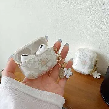 MINSCOSE Compatible with AirPods Pro 2 Clear Case,Cute Cartoon Flower Pattern Design with Floral Keychain,Soft TPU Protective Shockproof Case for Airpods Pro 2nd Generation for Girls Women-White