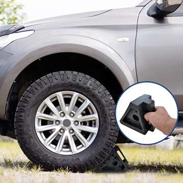 HOXWELL Solid Heavy Duty Rubber Wheel Chocks 4 Packs, Premium Wheel Stopper for Car, Travel Trailers, RV, Truck, and ATV(4 pcs, Black) 8" x 4" x 6"