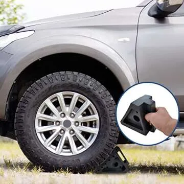 HOXWELL Solid Heavy Duty Rubber Wheel Chocks 4 Packs, Premium Wheel Stopper for Car, Travel Trailers, RV, Truck, and ATV(4 pcs, Black) 8" x 4" x 6"