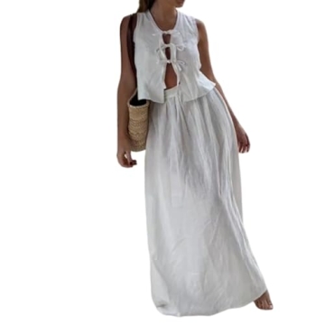 Two Piece Sets for Women Summer Old Money Long Vest Set Boho Maxi Skirt Set Linen Set 2 Piece Sets f...