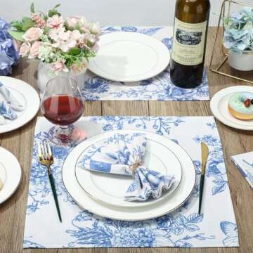 VitalCozy 24 Pcs Cloth Napkins Plants Butterfly Soft Reusable Napkin Country French Cotton Dinner Towel Decorative Washable Towels for Spring Summer Fall Party(Blue White Flower,24 Pcs)