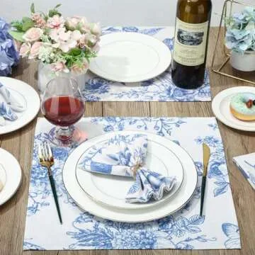 VitalCozy 24 Pcs Cloth Napkins Plants Butterfly Soft Reusable Napkin Country French Cotton Dinner Towel Decorative Washable Towels for Spring Summer Fall Party(Blue White Flower,24 Pcs)