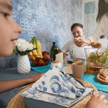 VitalCozy 24 Pcs Cloth Napkins Plants Butterfly Soft Reusable Napkin Country French Cotton Dinner Towel Decorative Washable Towels for Spring Summer Fall Party(Blue White Flower,24 Pcs)