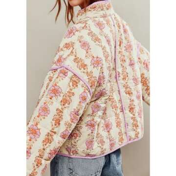 Duyang Women's Cropped Puffer Jacket Lightweight Floral Printed Open Front Quilted Coat Winter Warm ...