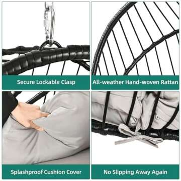 YITAHOME Swing Egg Chair with Cushions 350lbs, Wicker Hammock Chair Foldable Hanging Basket Chair W/...