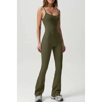 QINSEN Womens Sleeveless Jumpsuit Slim Fit High Waist Tummy Control Wide Leg Bodysuit Romper Army Green XL