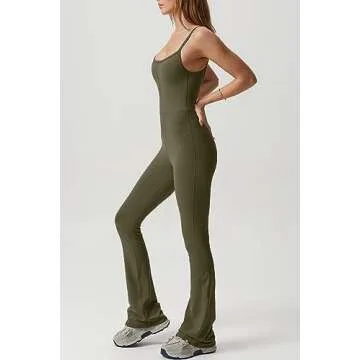 QINSEN Womens Sleeveless Jumpsuit Slim Fit High Waist Tummy Control Wide Leg Bodysuit Romper Army Green XL