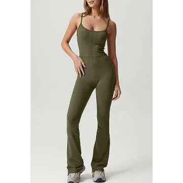 QINSEN Womens Sleeveless Jumpsuit Slim Fit High Waist Tummy Control Wide Leg Bodysuit Romper Army Green XL