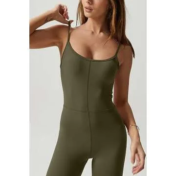 QINSEN Womens Sleeveless Jumpsuit Slim Fit High Waist Tummy Control Wide Leg Bodysuit Romper Army Green XL