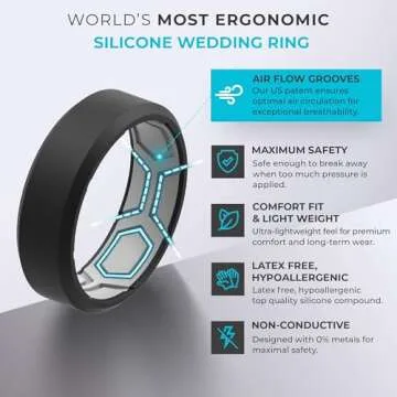 ThunderFit Men Breathable Air Grooves Silicone Rings - 8mm Wide Comfortable Wedding Bands