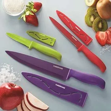 Farberware 6-Piece Non-Stick Resin Kitchen Knife Set, Dishwasher-Safe Kitchen Knife Set with Custom-Fit Blade Covers, Razor-Sharp Knife Set with Ergonomic Handles, Multicolor