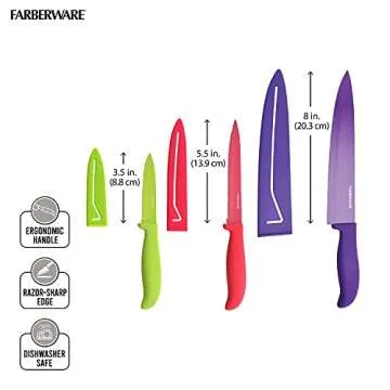 Farberware 6-Piece Non-Stick Resin Kitchen Knife Set, Dishwasher-Safe Kitchen Knife Set with Custom-Fit Blade Covers, Razor-Sharp Knife Set with Ergonomic Handles, Multicolor