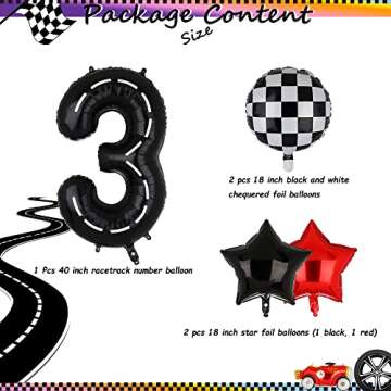 Race Car Birthday Balloons 40 Inch Racetrack Number 3 Black - 5 Pcs Mylar Helium Set