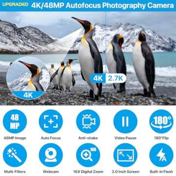 4K Digital Camera for Photography Autofocus 48MP 4K Camera with SD Card, 180° 3.0 inch Flip Screen ...
