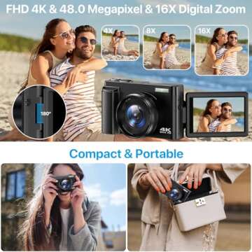 4K Digital Camera for Photography Autofocus 48MP 4K Camera with SD Card, 180° 3.0 inch Flip Screen Vlogging Camera for YouTube Video Compact Cameras with 16X Digital Zoom, Anti-Shake, 2 Batteries