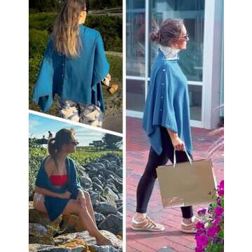 PULI Women's Versatile Knitted Shawls Scarf Poncho Sweater with Buttons Lightweight Spring Summer Fall Wraps blue