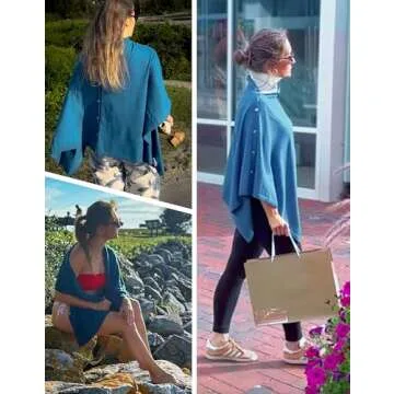 PULI Women's Versatile Knitted Shawls Scarf Poncho Sweater with Buttons Lightweight Spring Summer Fall Wraps blue