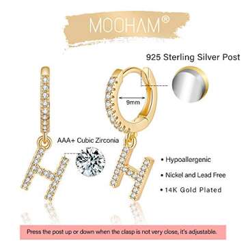 Initial Earrings for Women, 925 Sterling Silver Post 14K Gold Plated Small Huggie Hoop Earrings Letter H Initial Dangle Earrings Hypoallergenic Earrings for Women