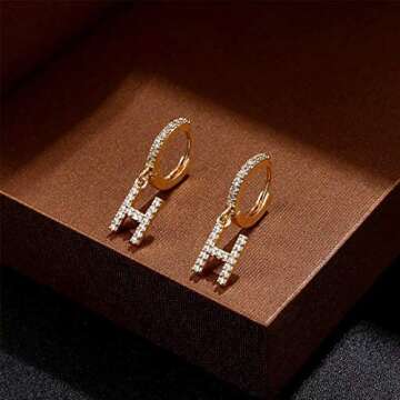 Initial Earrings for Women, 925 Sterling Silver Post 14K Gold Plated Small Huggie Hoop Earrings Letter H Initial Dangle Earrings Hypoallergenic Earrings for Women