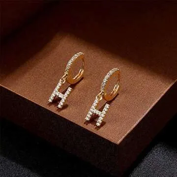 Initial Earrings for Women, 925 Sterling Silver Post 14K Gold Plated Small Huggie Hoop Earrings Letter H Initial Dangle Earrings Hypoallergenic Earrings for Women