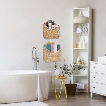 TKGKHK Wall Mounted Storage Baskets, 2PCS Handmade Water Hyacinth Storage Baskets Wall Hanging Organizing Container for Living Room,Bedroom,Kitchen (Large+Small)