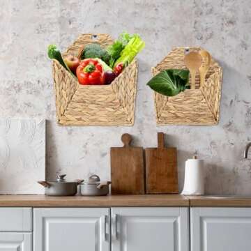 TKGKHK Wall Mounted Storage Baskets, 2PCS Handmade Water Hyacinth Storage Baskets Wall Hanging Organizing Container for Living Room,Bedroom,Kitchen (Large+Small)