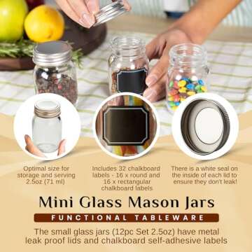 2.5oz Small Mason Jars with Lids & Chalkboard Labels (12 Pack) Airtight Mini Mason Jars for Party Fa...