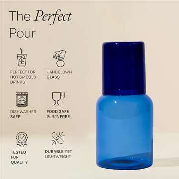 Humble Objects Glass Carafe and Cup Set | BPA Free, Dishwasher Safe, Durable & Lightweight | Ideal for Cold & Hot Beverages - Light Blue & Cobalt