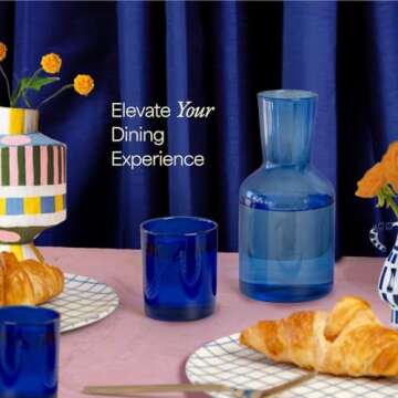 Humble Objects Glass Carafe and Cup Set | BPA Free, Dishwasher Safe, Durable & Lightweight | Ideal for Cold & Hot Beverages - Light Blue & Cobalt