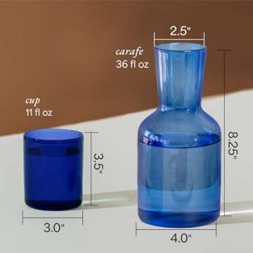 Humble Objects Glass Carafe and Cup Set | BPA Free, Dishwasher Safe, Durable & Lightweight | Ideal for Cold & Hot Beverages - Light Blue & Cobalt