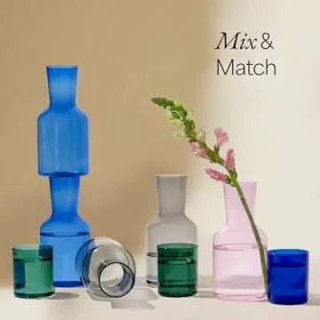 Humble Objects Glass Carafe and Cup Set | BPA Free, Dishwasher Safe, Durable & Lightweight | Ideal for Cold & Hot Beverages - Light Blue & Cobalt