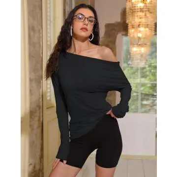 Meetrendi Women's Asymmetrical Long Sleeve Top Off Shoulder Oversized T Shirts 2025 Loose Fit Casual Workout Tee Black