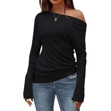Meetrendi Women's Asymmetrical Long Sleeve Top Off Shoulder Oversized T Shirts 2025 Loose Fit Casual Workout Tee Black
