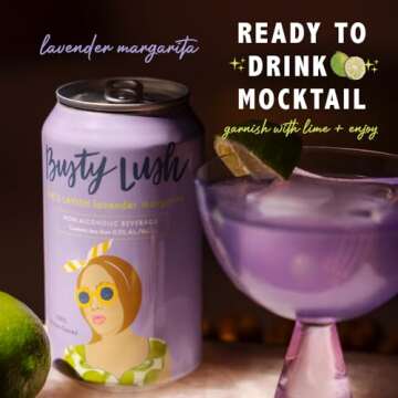 Busty Lush Non-Alcoholic Lavender Margarita, Craft Sparkling Mocktail, Low Sugar & Low Calorie, Feat. Lavender, Citrus, Butterfly Pea & Agave, 8 Pack