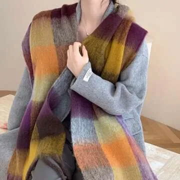 Winter Scarf Women Oversized Plaid Scarf Large Chunky Blanket Scarf Thick Warm Shawl Wraps with Tassels