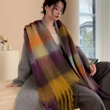 Winter Scarf Women Oversized Plaid Scarf Large Chunky Blanket Scarf Thick Warm Shawl Wraps with Tassels