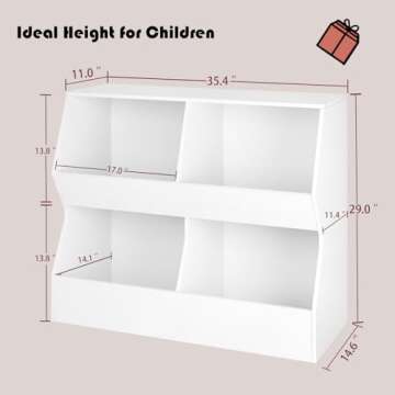 DINZI LVJ Kids Bookshelf, Toy Storage Organizer, Wooden Toy Storage Cabinet, 4 Cubby Children Bookcase, Toddler Book Toy Shelf for Bedroom, Nursery, Hallway, School, 35.4" Long, White