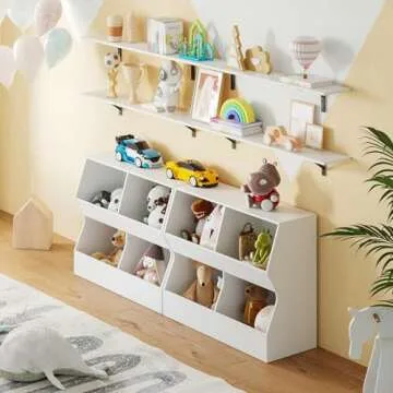 DINZI LVJ Kids Bookshelf, Toy Storage Organizer, Wooden Toy Storage Cabinet, 4 Cubby Children Bookcase, Toddler Book Toy Shelf for Bedroom, Nursery, Hallway, School, 35.4" Long, White