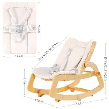 MallBest 3-in-1 Baby Bouncer Adjustable Wooden Rocker Chair Recliner with Removable Cushion and Seat Belt for Infant to Toddler (Beige)