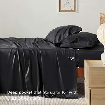 Bedsure Queen Sheets, Rayon Derived from Bamboo, Queen Cooling Sheet Set, Deep Pocket Up to 16", Breathable & Soft Bed Sheets, Hotel Luxury Silky Bedding Sheets & Pillowcases, Black