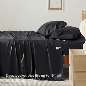 Bedsure Queen Sheets, Rayon Derived from Bamboo, Queen Cooling Sheet Set, Deep Pocket Up to 16", Breathable & Soft Bed Sheets, Hotel Luxury Silky Bedding Sheets & Pillowcases, Black