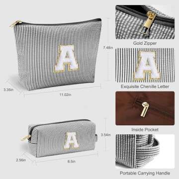 YOOLIFE Initial Makeup Bag Travel Toiletry Bag, Personalized Christmas Gifts for Girls Monogrammed Gifts for Girls, Cute Stuff for Teen Girls Wedding Bridal Gifts Preppy Things for Teen Girls Black A