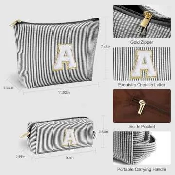 YOOLIFE Initial Makeup Bag Travel Toiletry Bag, Personalized Christmas Gifts for Girls Monogrammed Gifts for Girls, Cute Stuff for Teen Girls Wedding Bridal Gifts Preppy Things for Teen Girls Black A