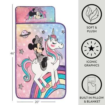 Idea Nuova Disney Minnie Mouse Super Soft Toddler Quilted Nap Mat with Built in Pillow, 26"" x46, Multicolor